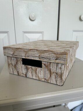 Raffia Palm Printed File Box in White/Brown
